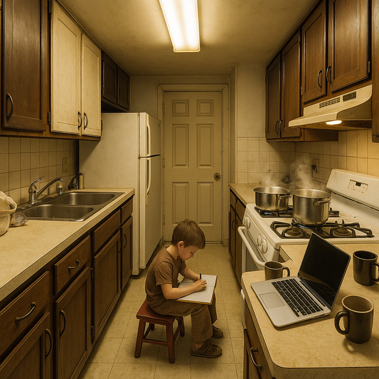 Cramped, cluttered kitchen before remodel with dishes piled beside a laptop and a child doing homework on a stool