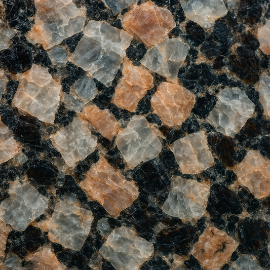 Close-up view of natural granite paver showing interlocking crystals and mineral grains under magnification