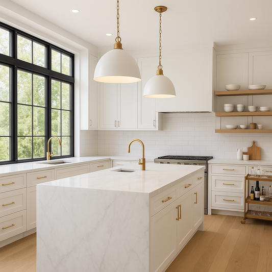 Contemporary kitchen centered around a dramatic marble countertop island