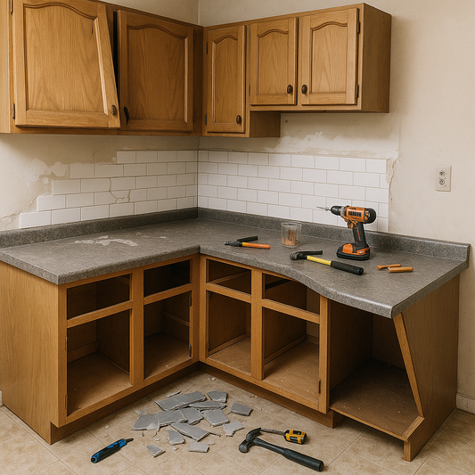 Cluttered kitchen under DIY renovation with misaligned cabinets and cracked tiles