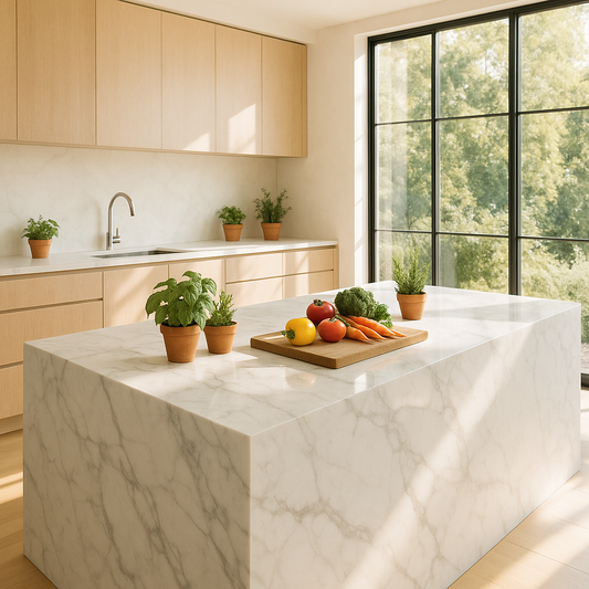 Bright modern kitchen island topped with a seamless natural stone countertop, flanked by potted herbs and soft morning light