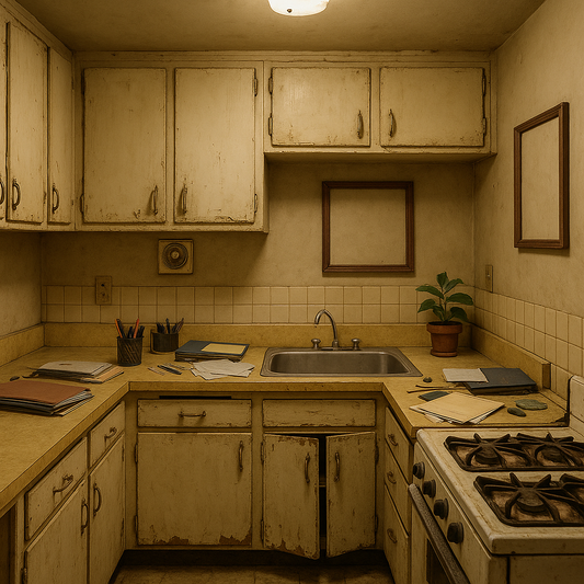 Cluttered kitchen with unfinished surfaces and mismatched cabinets