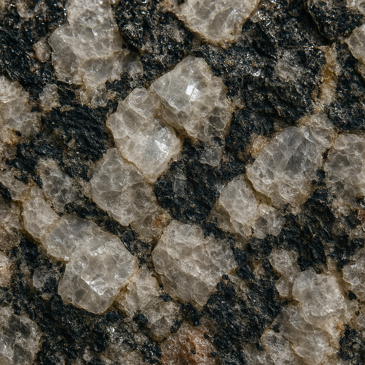 Macro close-up of granite and quartzite crystalline structure showing interlocking mineral grains