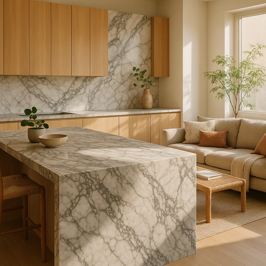 Warm living area anchored by natural granite island and marble accent wall