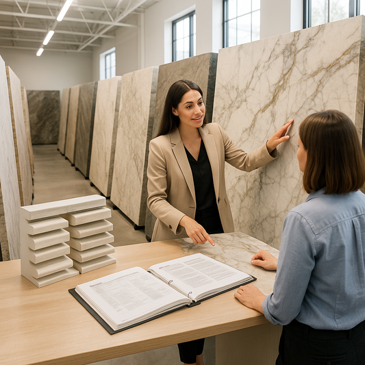 Showroom display featuring an array of polished natural stone slabs in various colors and patterns, representing granite, marble, quartzite, onyx, limestone, and soapstone