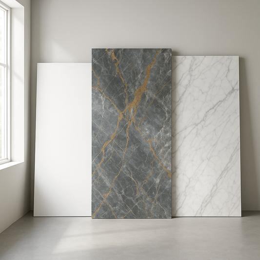 Three countertop slabs of quartz, quartzite, and marble displayed vertically side by side