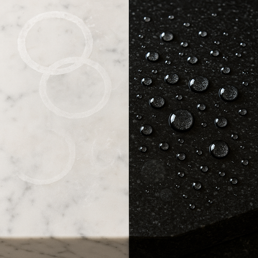 Close-up comparison of water-stained, etched marble countertop next to a pristine, water-beaded granite surface