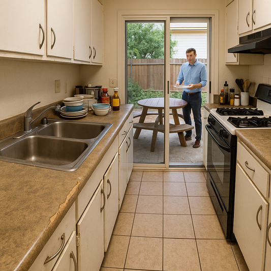 Cramped galley kitchen with chipped laminate countertops and a wobbling plate at a backyard BBQ setup