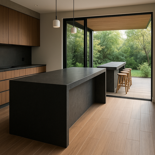 Open-concept kitchen with charcoal granite countertop seamlessly extending to an outdoor bar under a covered patio