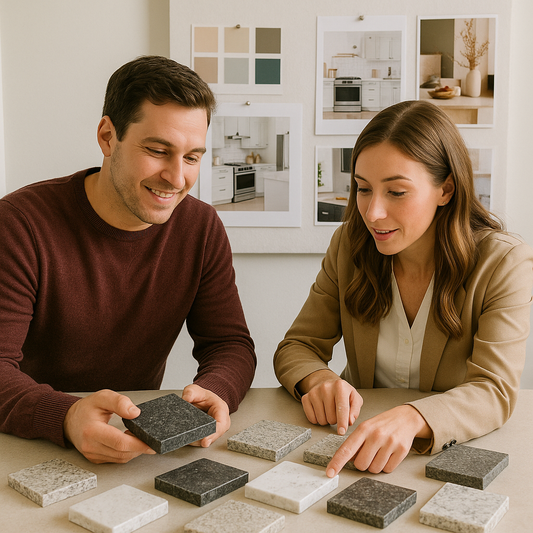 Homeowner selecting countertop samples with remodeling designer and mood boards