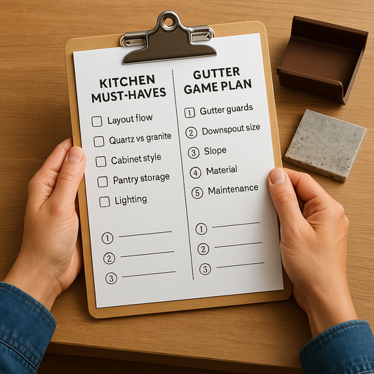 Homeowner sketching a two-column worksheet rating kitchen and gutter priorities