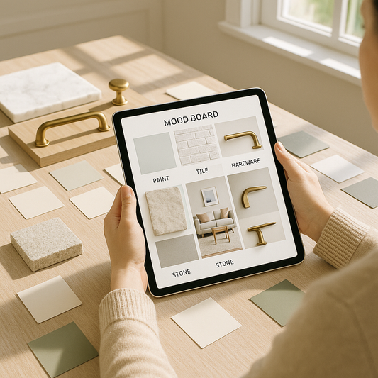 Homeowner surrounded by countertop and tile swatches while holding a tablet showing a digital mood board