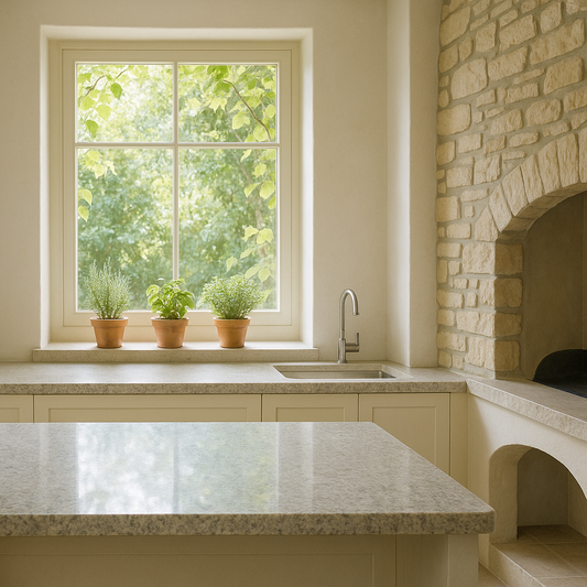 Modern kitchen with honed granite countertop and indoor greenery flowing from backsplash to windowsill, raw-edge stone veneer accent