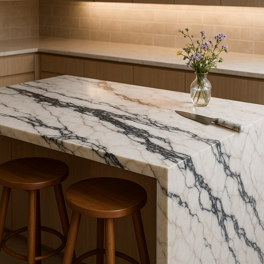 Close-up of a kitchen island showcasing richly veined marble slab under warm LED lights