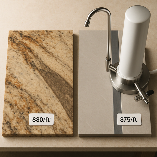 Overhead shot of granite and porcelain countertop samples with price tags and a compact water filter unit