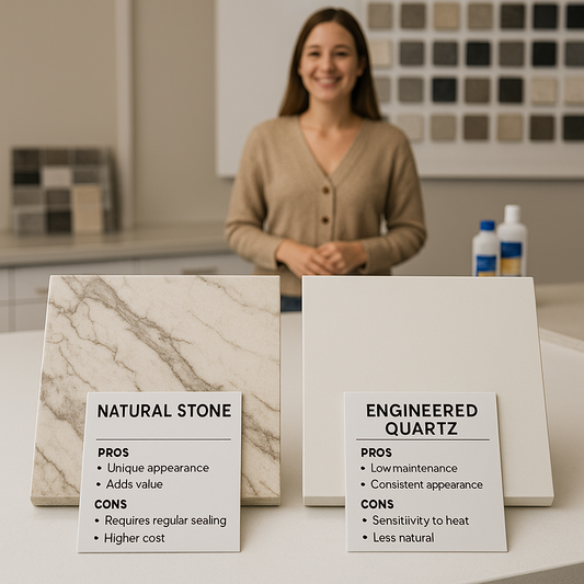 Side-by-side slabs of natural stone and engineered quartz on a showroom table, labeled for comparison