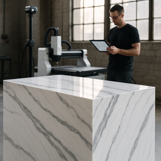 Custom marble-veined quartzite countertop with precise digital veining