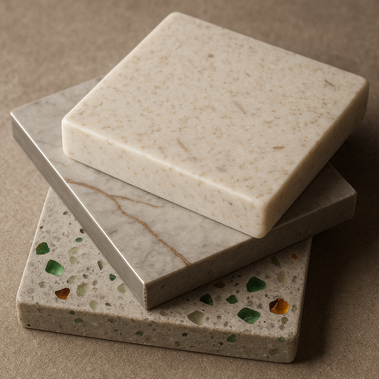 Close-up of eco-friendly kitchen countertop combining bio-resin stone with glass-infused concrete and porcelain-metal laminate samples