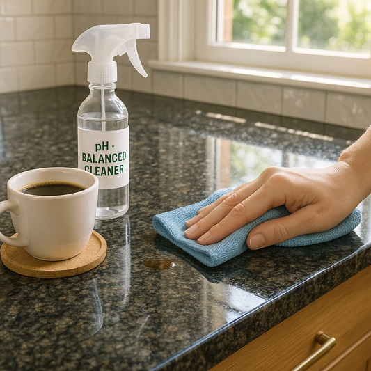 Granite countertop with coffee cup and coaster being wiped clean
