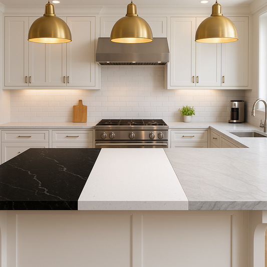 Modern kitchen island showcasing three adjacent countertop slabs of granite, engineered quartz, and quartzite under warm pendant lighting