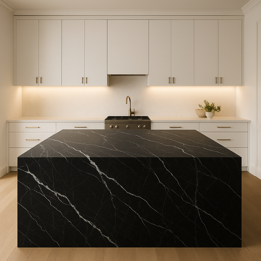 Honed Nero Marquina marble island countertop anchoring a modern kitchen design