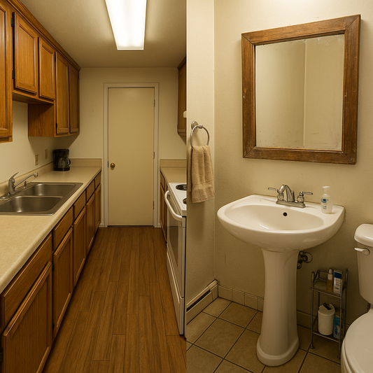 Split view of a cramped 9×11 galley kitchen with dated cabinets and a small, outdated bathroom side by side before renovation