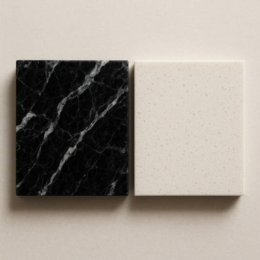 Side-by-side close-up of a natural granite slab with swirling veins next to an engineered quartz surface with uniform speckled pattern