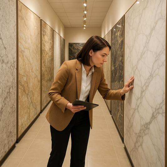 Designer comparing large stone slabs displayed wall to wall in a modern showroom