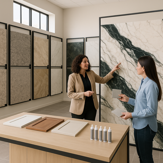 Design expert and homeowner examining large stone slabs in a bright showroom