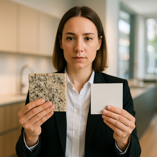 Interior designer holding a polished granite slab sample in one hand and a sleek porcelain slab sample in the other, standing in a bright modern kitchen