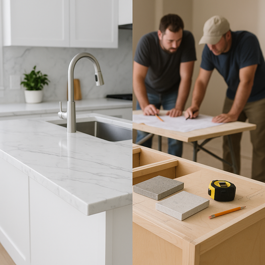 Split-view of glossy kitchen magazine image next to a real-world incomplete kitchen with countertop samples and measuring tools