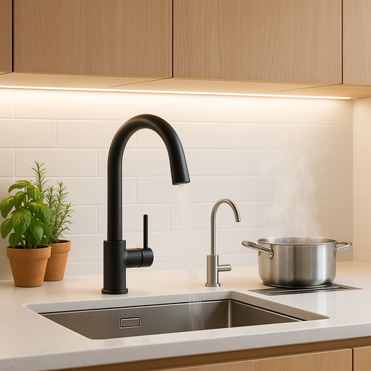 Close-up of a matte-black touchless faucet with built-in water filtration dispenser and under-cabinet downdraft vent in a bright, minimalist kitchen