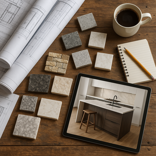 Overhead view of kitchen blueprints, material samples, and a tablet showing a 3D remodel design