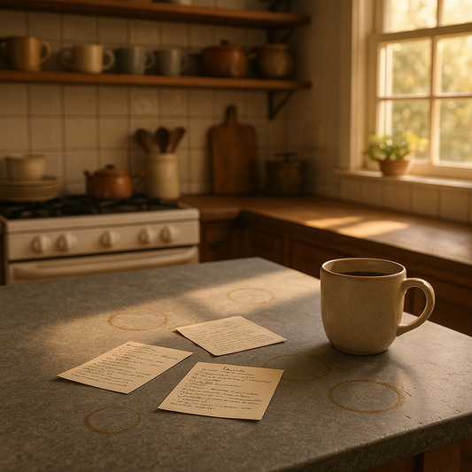 Honed granite kitchen island with coffee-ring stains and warm patina