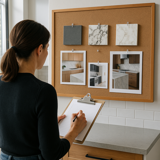 Designer reviewing countertop samples and reference images on a mood board in a bright showroom