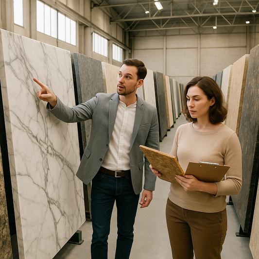 Designer and homeowner reviewing a variety of stone slabs in a bright showroom