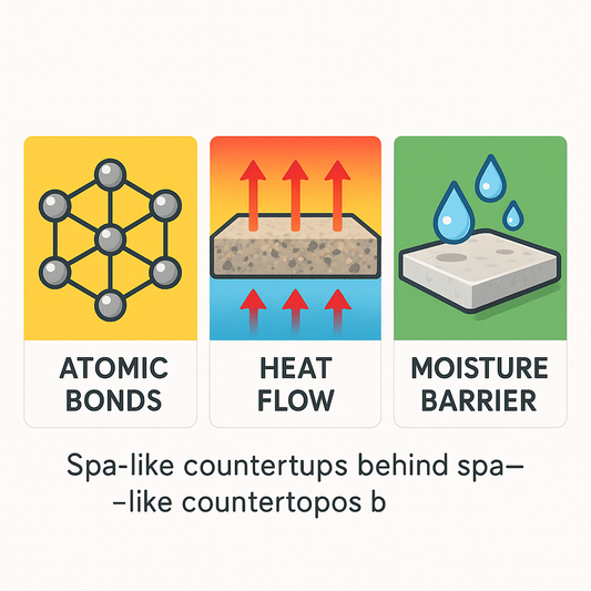 Infographic illustrating atomic bonds, heat flow arrows, and moisture barrier droplets