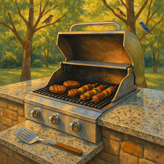 Backyard grill station with polished granite countertop, spatula resting and birds in nearby trees