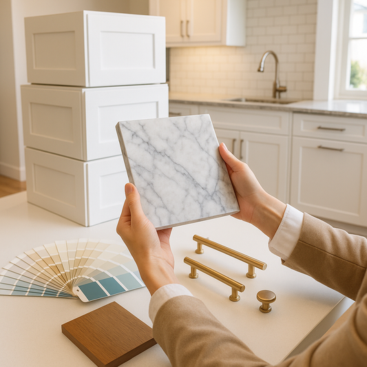 Designer comparing a marble slab sample against uninstalled shaker cabinets with paint and hardware samples laid out