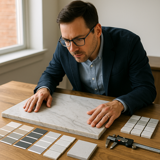 Designer examining a large quartzite slab sample surrounded by cabinetry paint swatches and backsplash tile samples