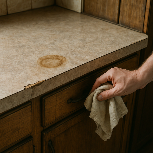 Close-up of an old laminate countertop with visible chips, stains, and discoloration