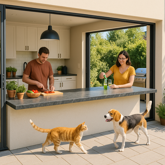 Open-plan kitchen and terrace with a continuous leathered granite countertop extending from the island indoors to a covered outdoor bar with stools