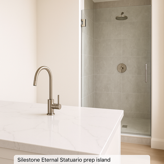 Spa-like kitchen area with a filtered RO spigot and porcelain steam shower