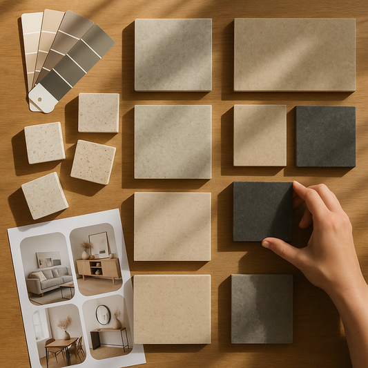Overhead view of a workspace filled with stone and quartz countertop samples, paint swatches, and mood boards to illustrate style decision overwhelm.