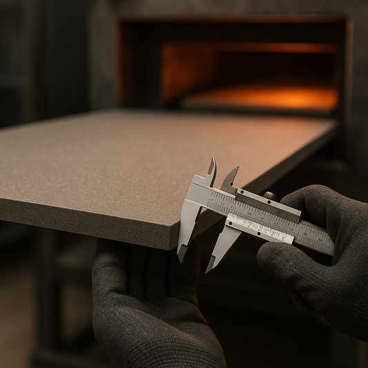 Close-up of a 6 mm porcelain countertop slab emerging from a high-temperature kiln