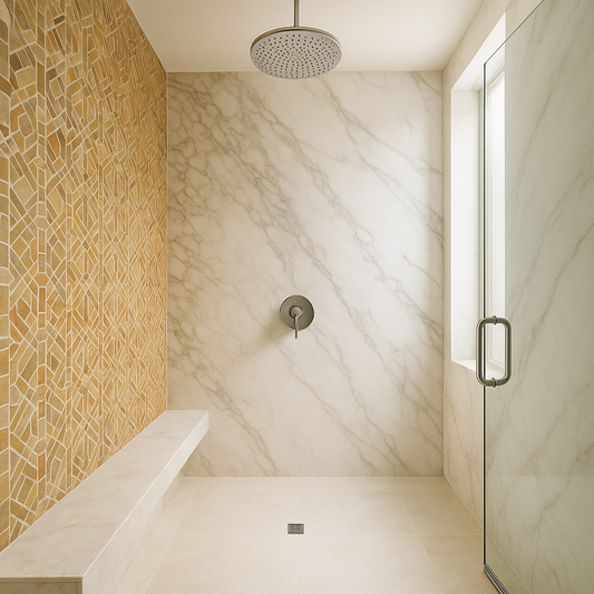 Luxurious shower interior with one wall clad in colorful custom mosaic tile and the adjacent wall in sleek full-stone marble slabs
