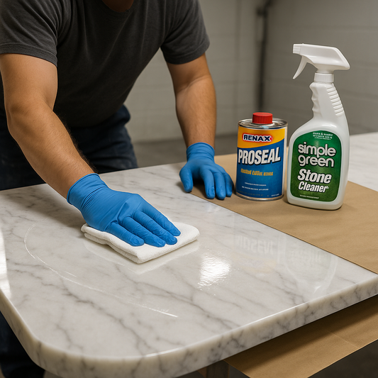 Close-up of a technician applying sealer to a marble countertop with a soft cloth