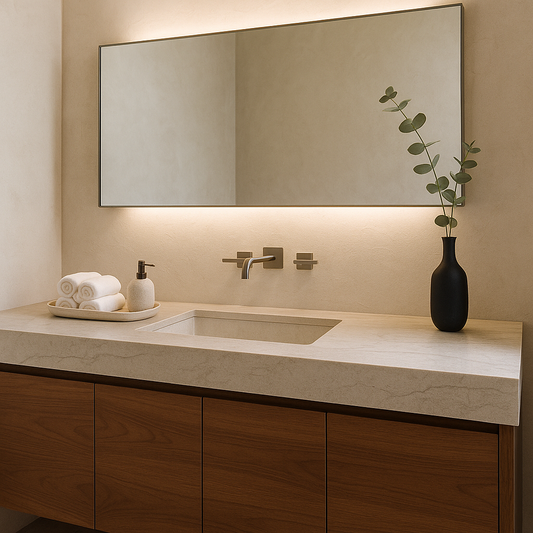 Spa-inspired bathroom vanity featuring a matte-finished stone countertop seamlessly coordinating with warm wooden cabinets and soft ambient lighting