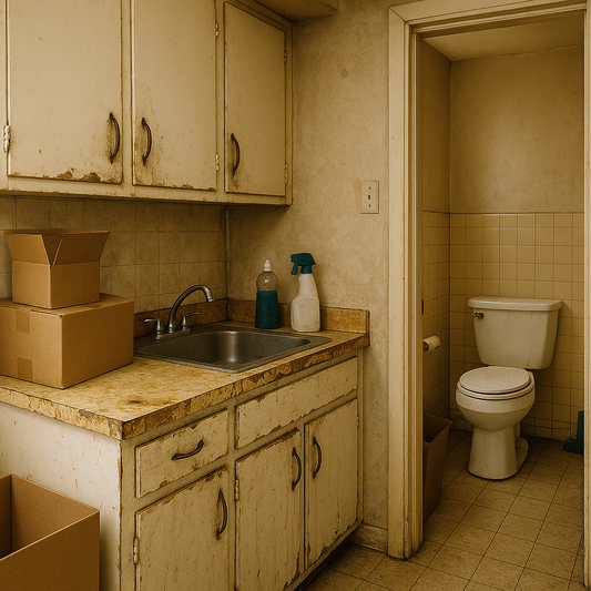 Cluttered, outdated kitchen and bathroom area before renovation