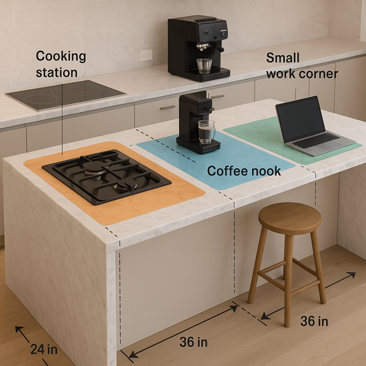 Bright kitchen with highlighted zones around a central countertop for cooking, coffee nook, and workspace